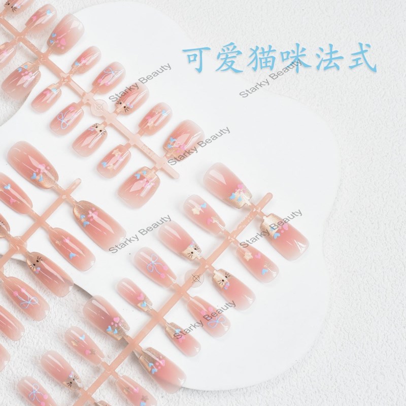 Cute Cat French Love Bow Small Cat Full Size Wearable Nail Pre made Nail