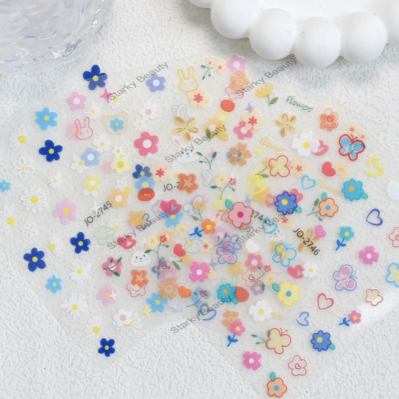 Cute Dopamine Cartoon Nail Stickers Flower Rabbit Butterfly Small Fresh Versatile Color Nail Sticke