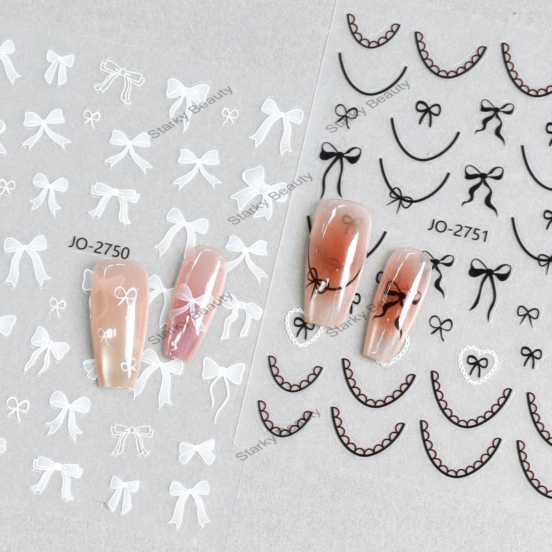 Ribbon Bow Nail Stickers Black and White Double Color Pink Half Transparent Bow