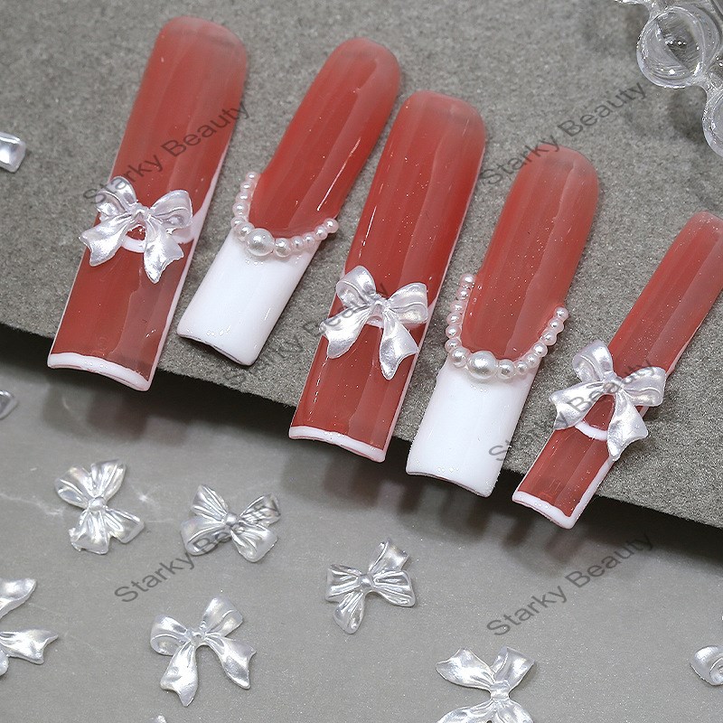 50pcs Nail Accessories Pearl White Bow Classic White Ribbon Tie Resin Diamond Nail Accessories