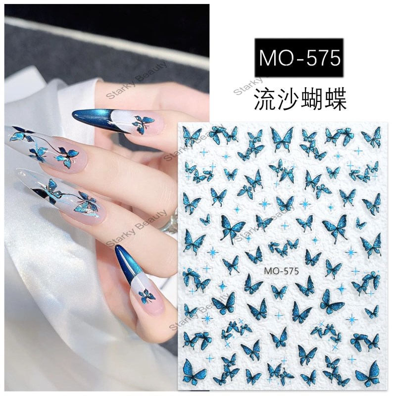 Relief Flower Butterfly Nail Stickers Blue Pink Butterfly Rose Light Luxury Premium Nail Stickers