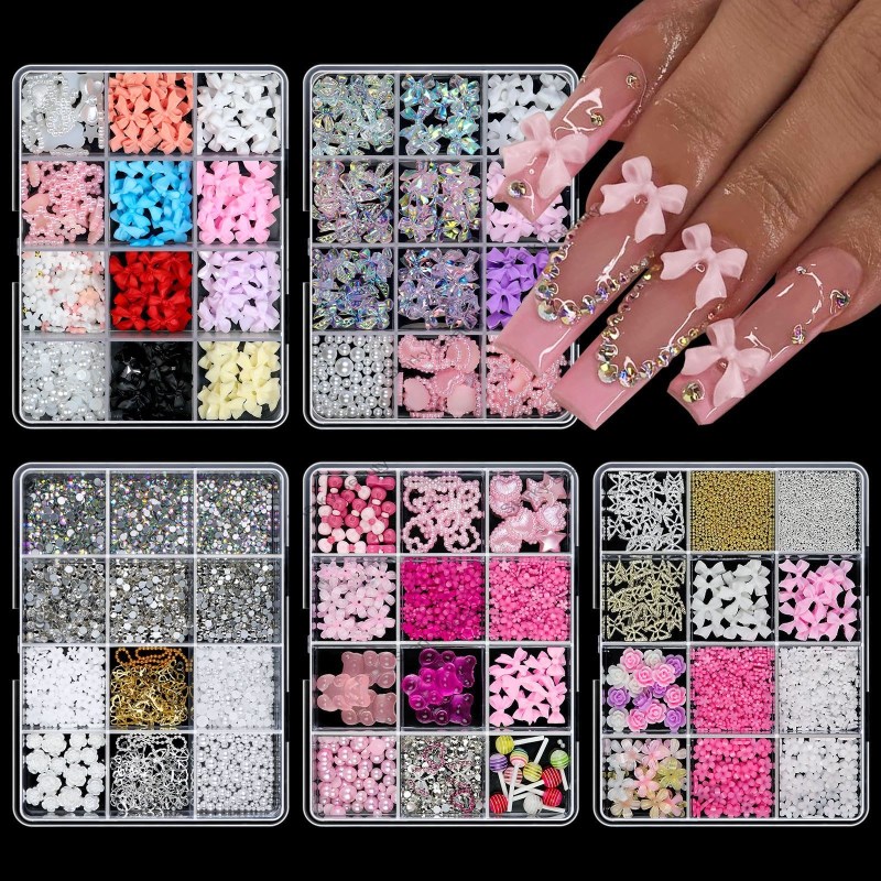 ribbon butterfly nail accessories set box, pearl moon love resin DIY nail accessories