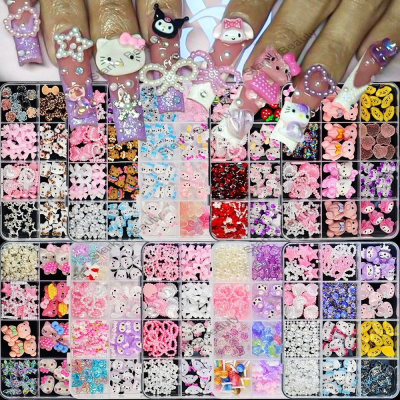 Cute KT cat nail accessories cartoon pearl bow bear lollipop nail decoration