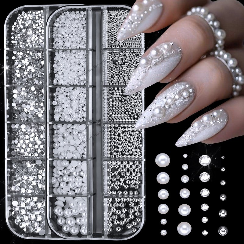Nail Accessories Box Set 12 Grid 6-Grid Mixed High Brightness Pearl Half Round Nail Pearl