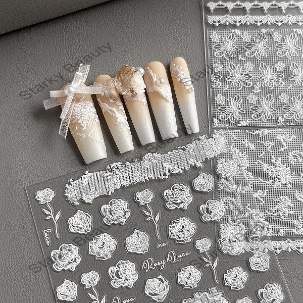 Lace Nail Stickers with Embossed Adhesive Back, white flower Nail Stickers
