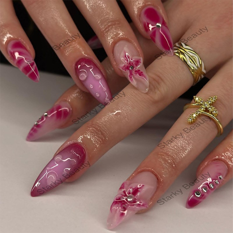 Sweet French False Nails Patches Vintage Fake Nails 3D Nail Art Red Almond Press on Nails