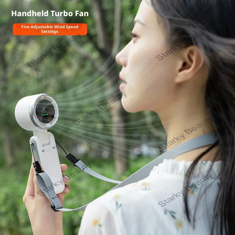 high-speed handheld turbo fan with digital display hanging neck for portable folding fan