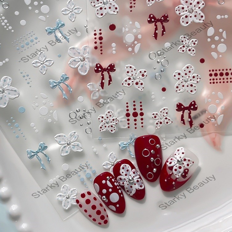 Sweet girl polka dot flower nail sticker 3D ribbon bow big gentle girl nail sticker