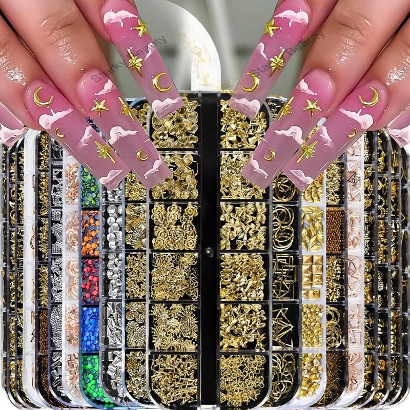 12 grid mixed nail rivet geometric shape metal nailalloy star moon starfish