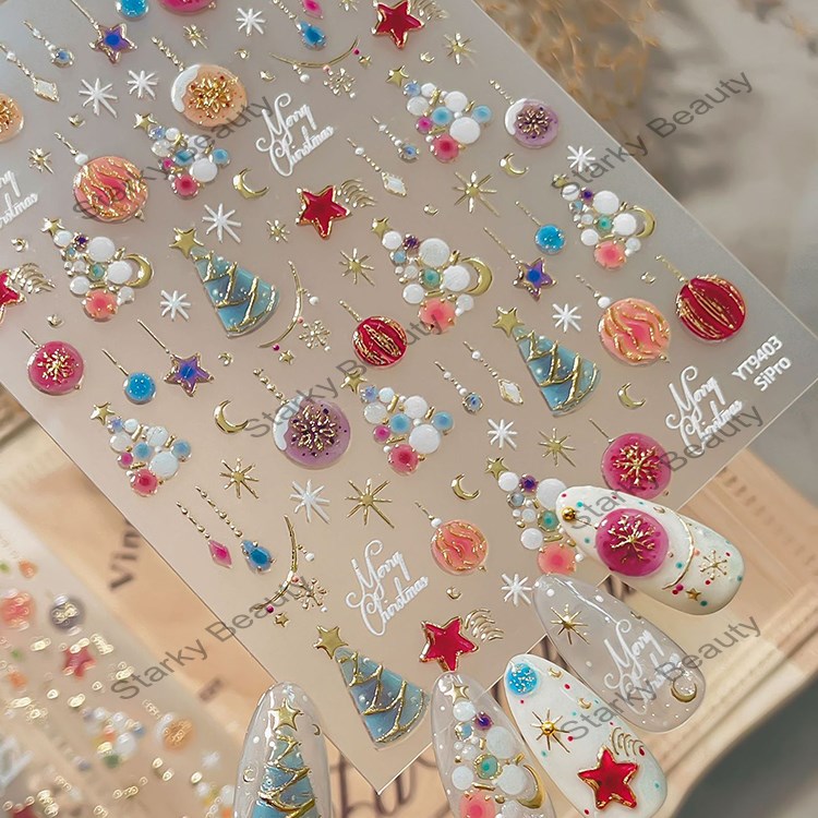 Colored balls, snowflakes, Christmas hot stamping, Christmas tree Nail Stickers