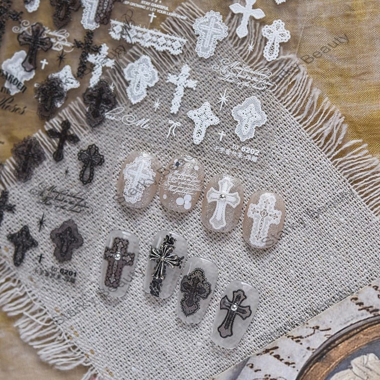 Relief Nail Stickers New Dark Nail Stickers Retro Lace Cross Nail Decoration