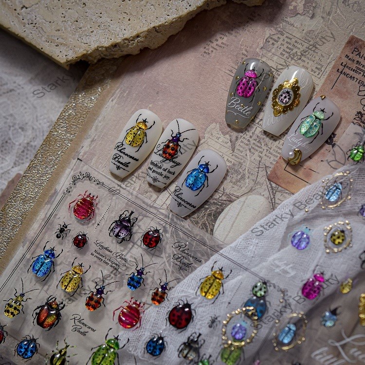 Hot stamping nail stickers 5D nail stickers with gold edges insect nail stickers