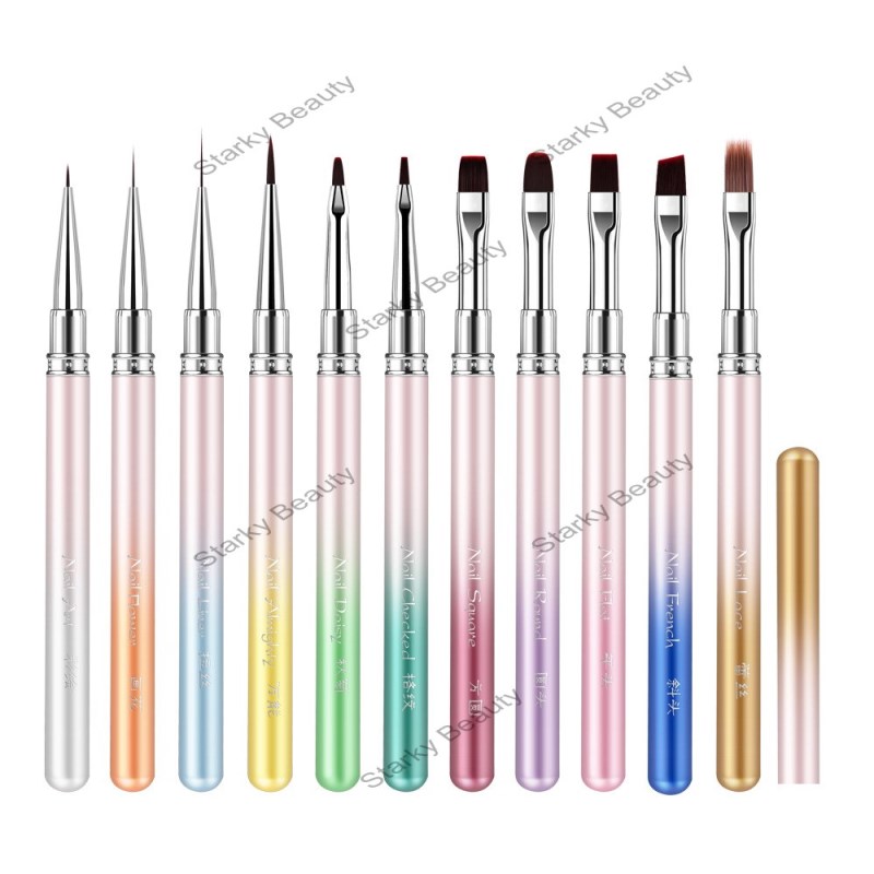 Color Gradient Metal Handle Nail Art Pen Brush Round Gel Brush Halo Pen Nail Drawing Flower brush