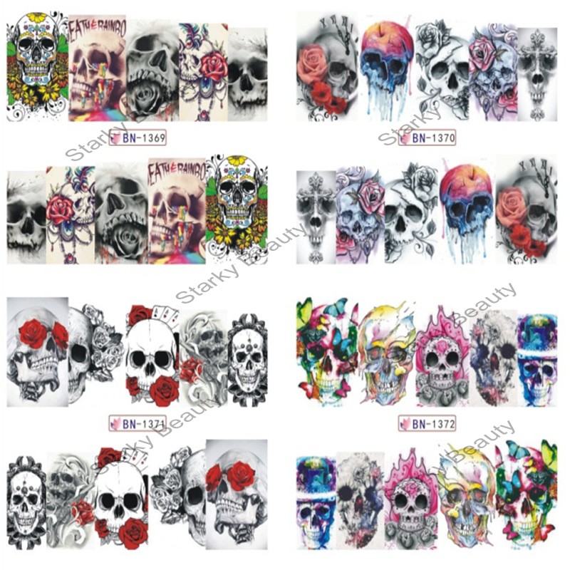 BN1369-1380 Flower Skull Clown Nail Art Water Decal Sticker For Nail Water 12 Sheets