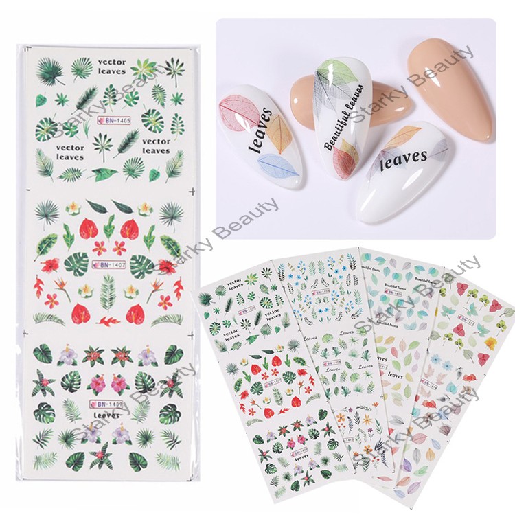 12 Designs Water Nail Stickers Leaf Tree Green Simple Summer Slider for Manicure