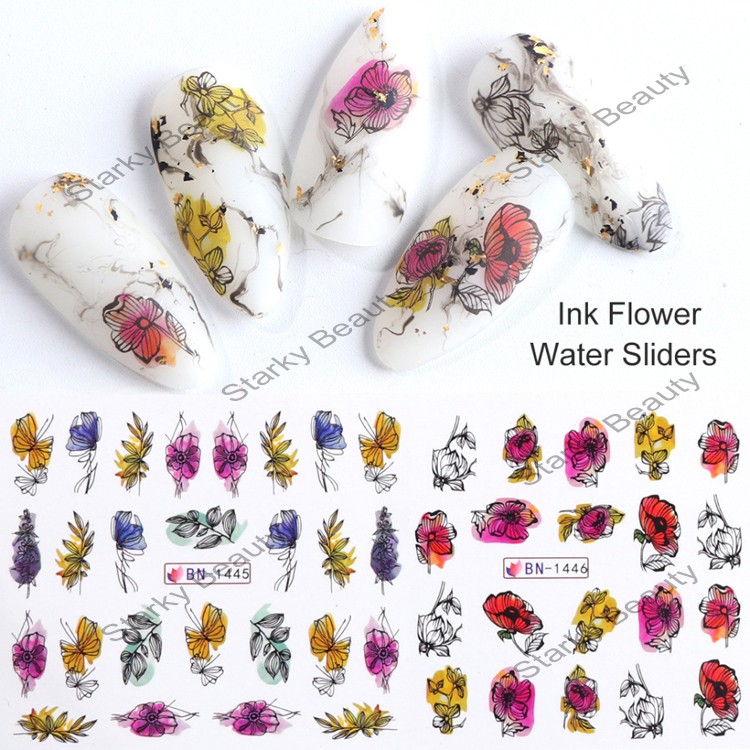 12pcs Gradient Flower Leaf Nail Art Sliders Decals Black Ink Butterfly Water Transfer Stickers