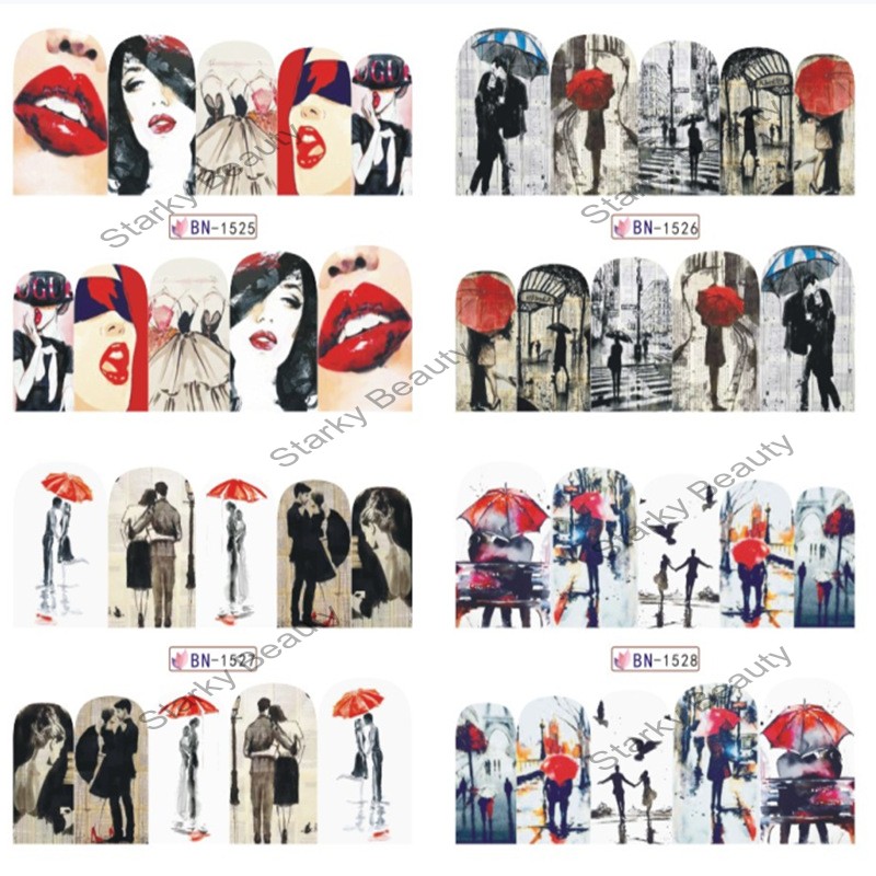 WATER STICKER NAIL type NAIL STICKER OIL PAINTING GIRL FACE WITH UMBRELLA