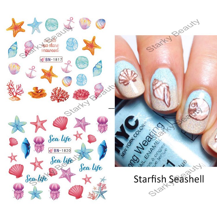 Summer ocean cartoon shell dolphin hippo water nail sticker