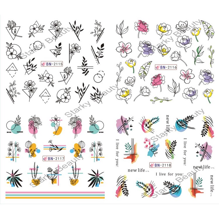 2022 Colorful Liner Flower Design Water Nail Sticker