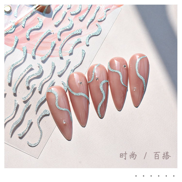 nail art sticker flash silver curve french stripe curve luxury nail embossed patch