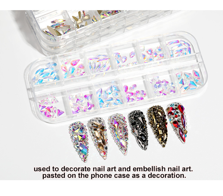 nail art jewelry diamond wholesale 12 grid set box mixed ab shaped flat bottom rhinestones