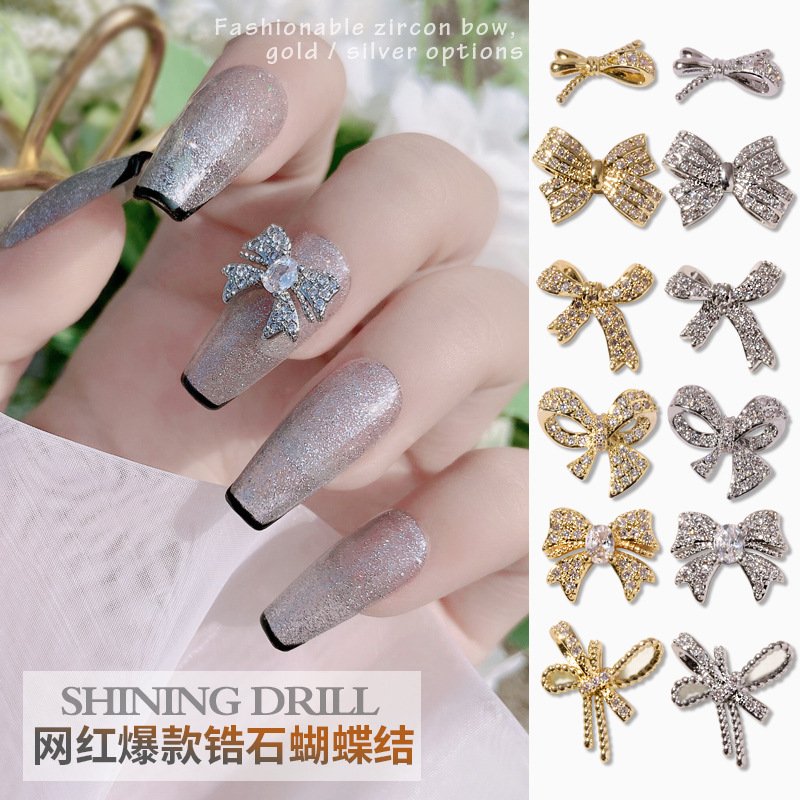 nail art bow zircon jewelry plated real gold ribbon nail decoration gold and silver bow jewelry