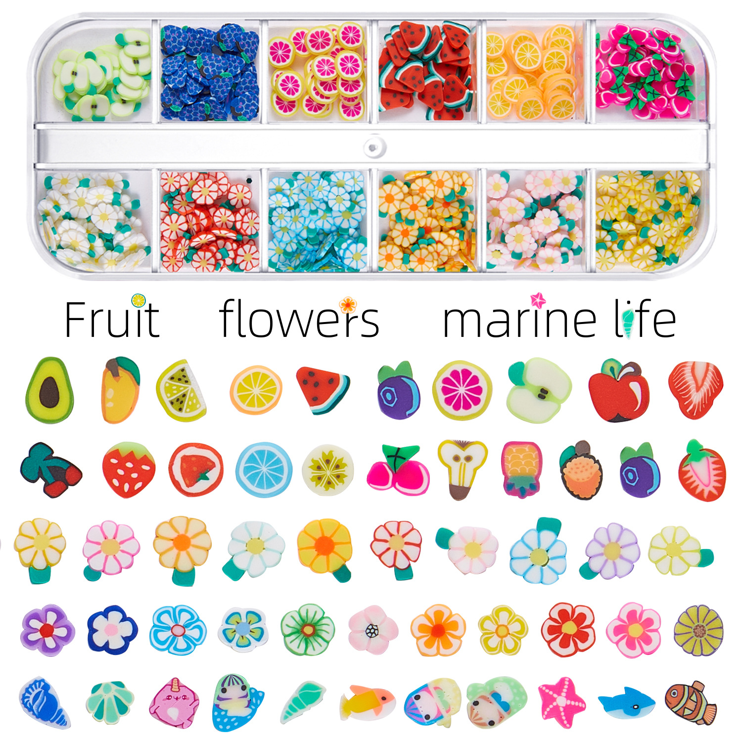 nail art, fruits, flowers, sea animals, soft clay