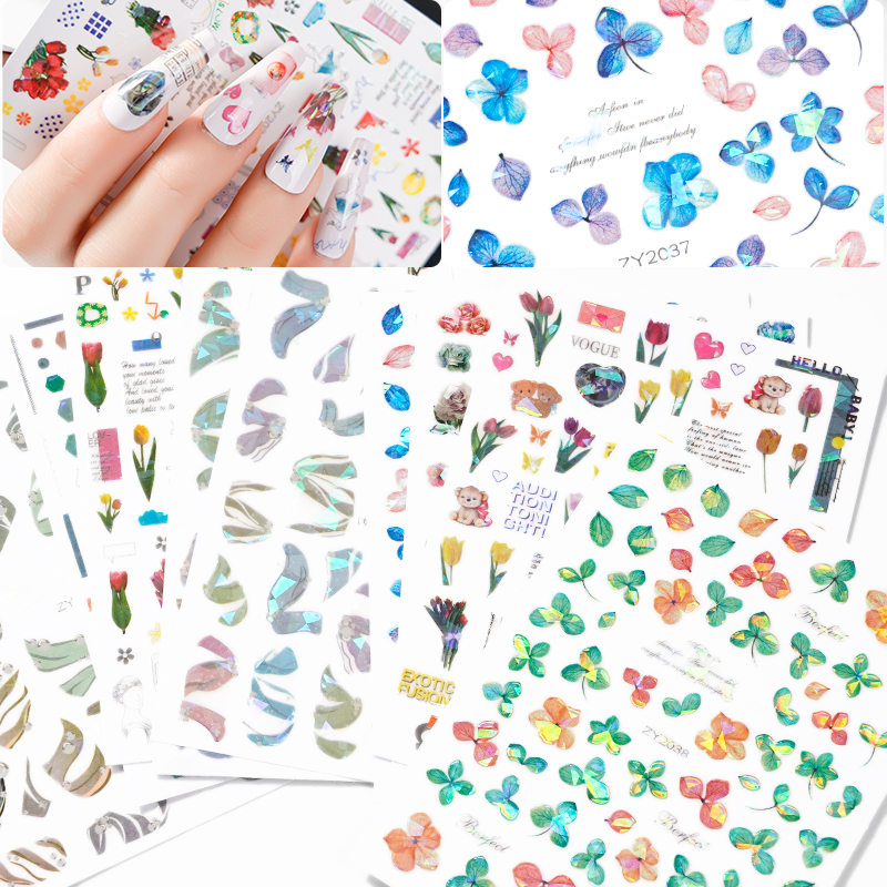 summer plant geometry 3d adhesive nail sticker rainbow laser sun flower nail sticker