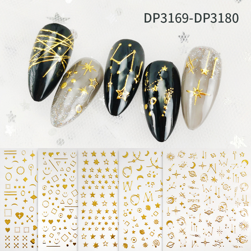 3d stars and moon decoration symphony golden colored line adhesive nail sticker