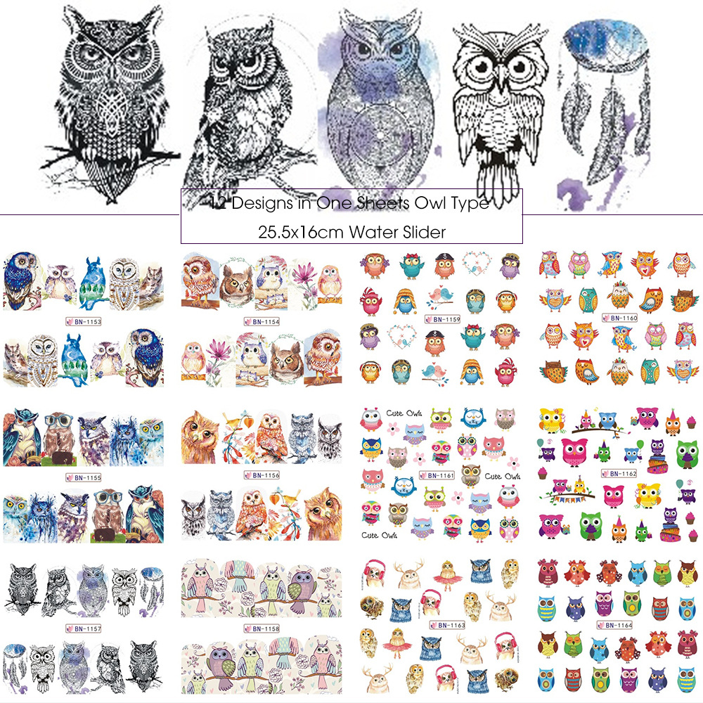 cartoon owl deer pattern water nail stickers