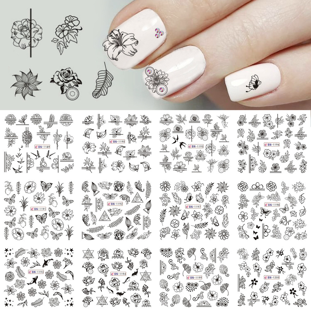 black and white color carved rose leaf animal water nail stickers