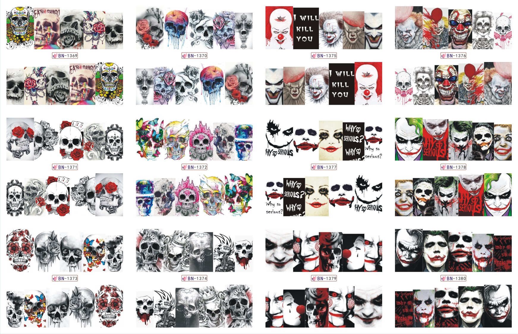 bn1369-1380 flower skull clown nail art water decal sticker for nail water 12 sheets