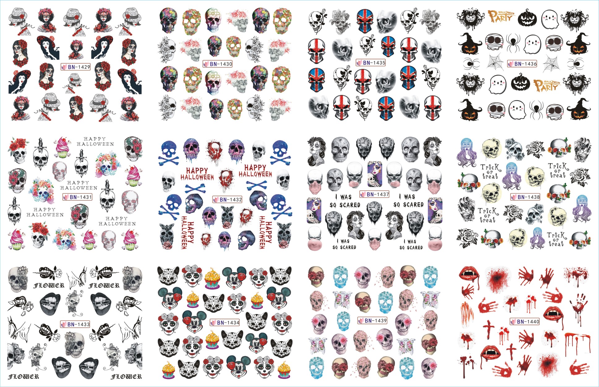 bn1369-1380 flower skull clown nail art water decal sticker for nail water 12 sheets