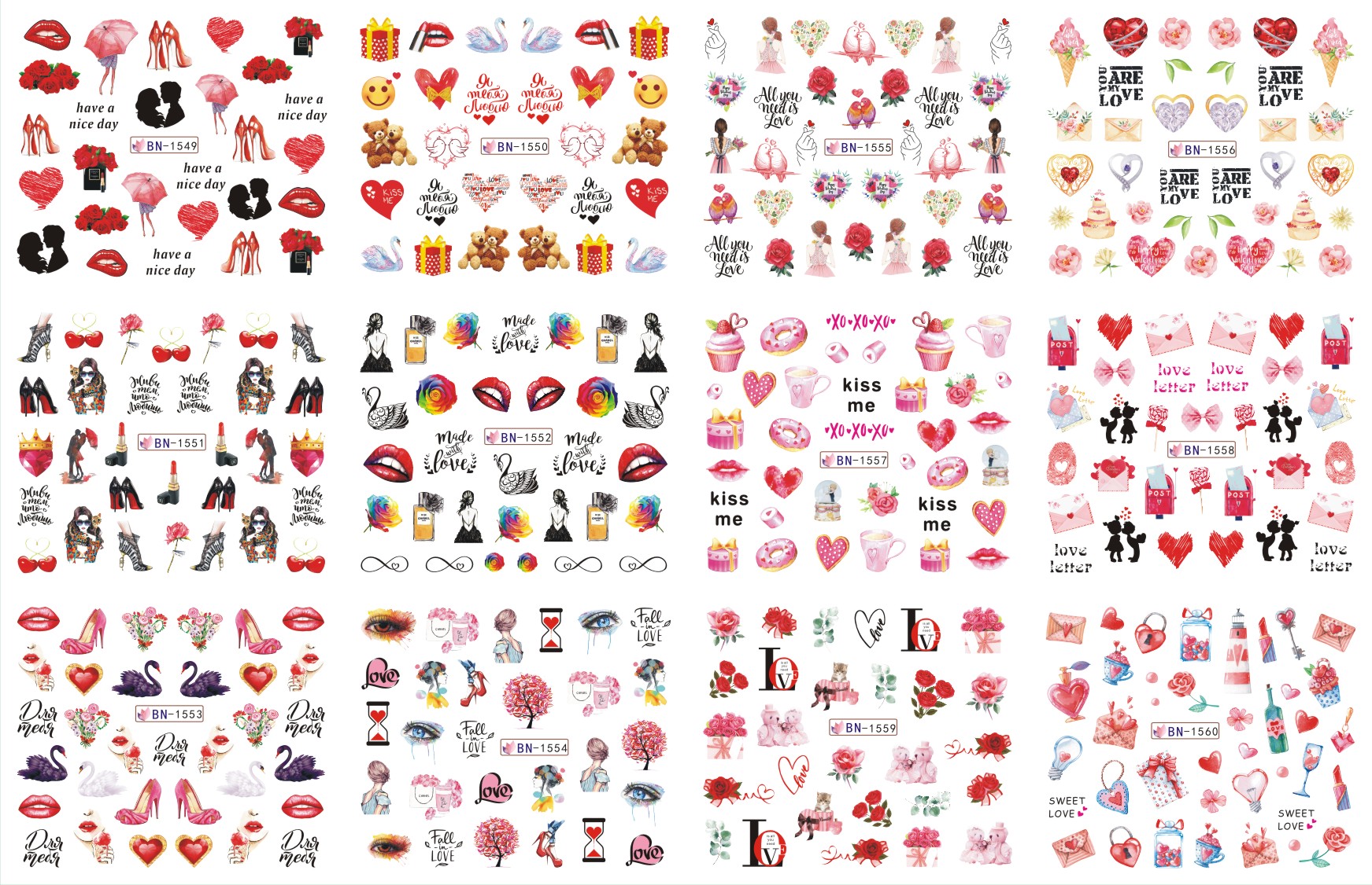 12 design  nail art water transfer decals love word sexy women design valentine manicure tattoos