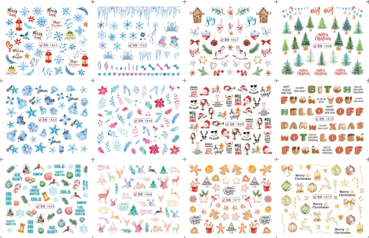 12 design christmas style winter snowflake full wraps nail art water transfer stickers