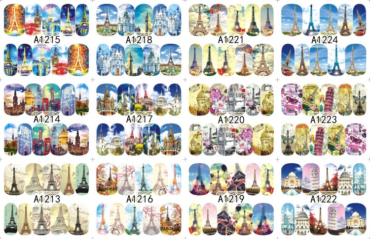 hot sale retro eiffel tower pattern water nail tattoo art designs nail sticker