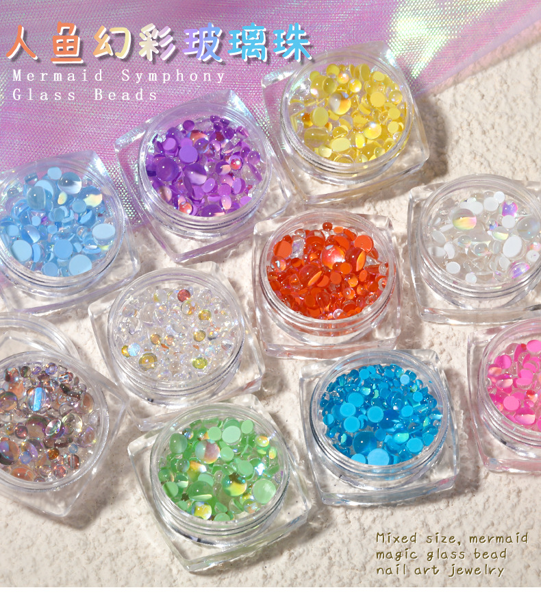 300pcs mixed size mermaid round glass crystal beads ab 3d nail art rhinestones