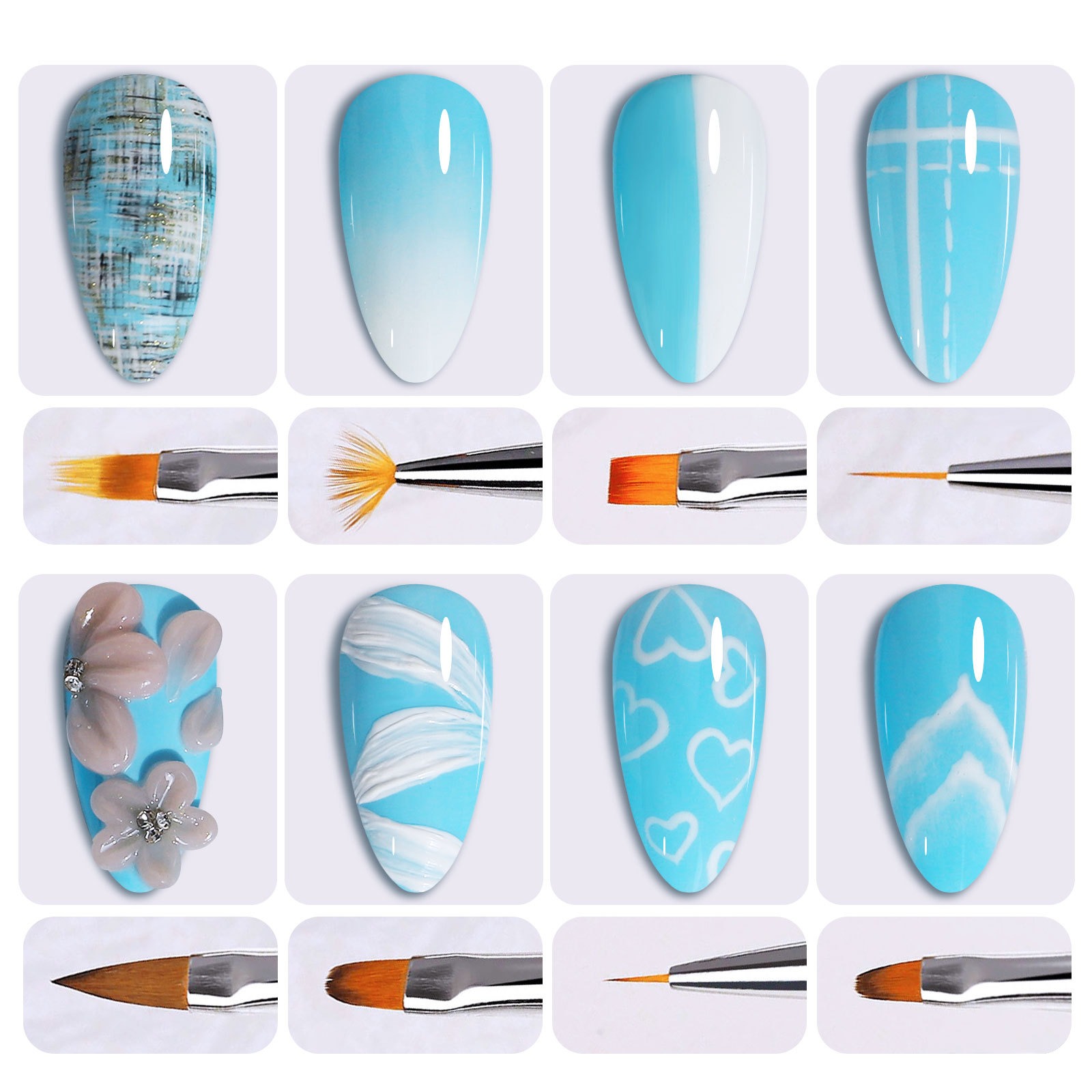 gradient nail brush 8 piece set with cable halo dye light therapy brush set