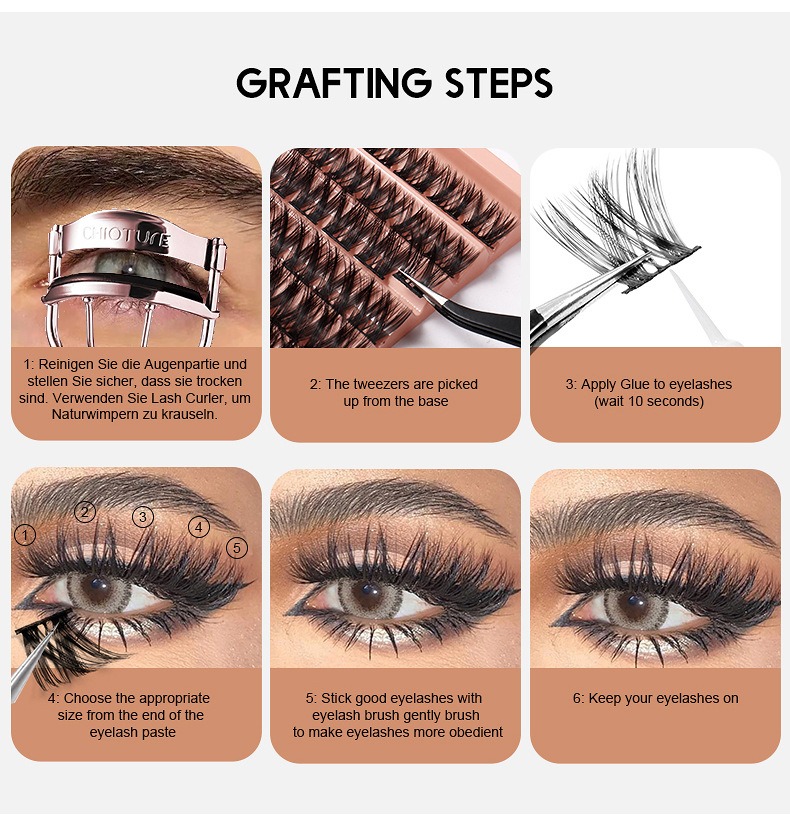 false eyelashes with single cluster and long, dense cross grafting eyelashe