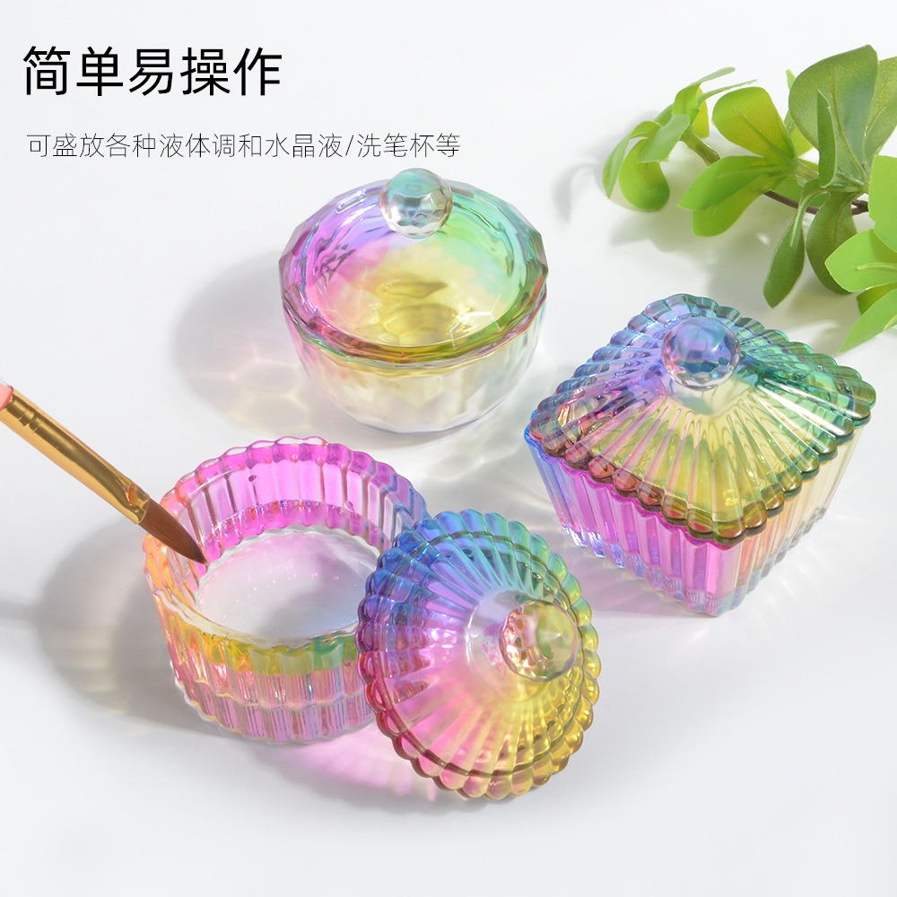 colorful nail  crystal cup with cover multiple shapes colored dual use glass crystal cup