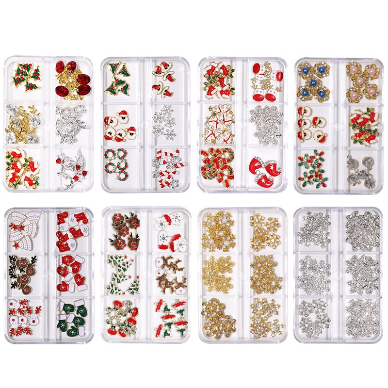 2023 new 6 grid nail decoration christmas tree snowflake alloy nail diy accessories