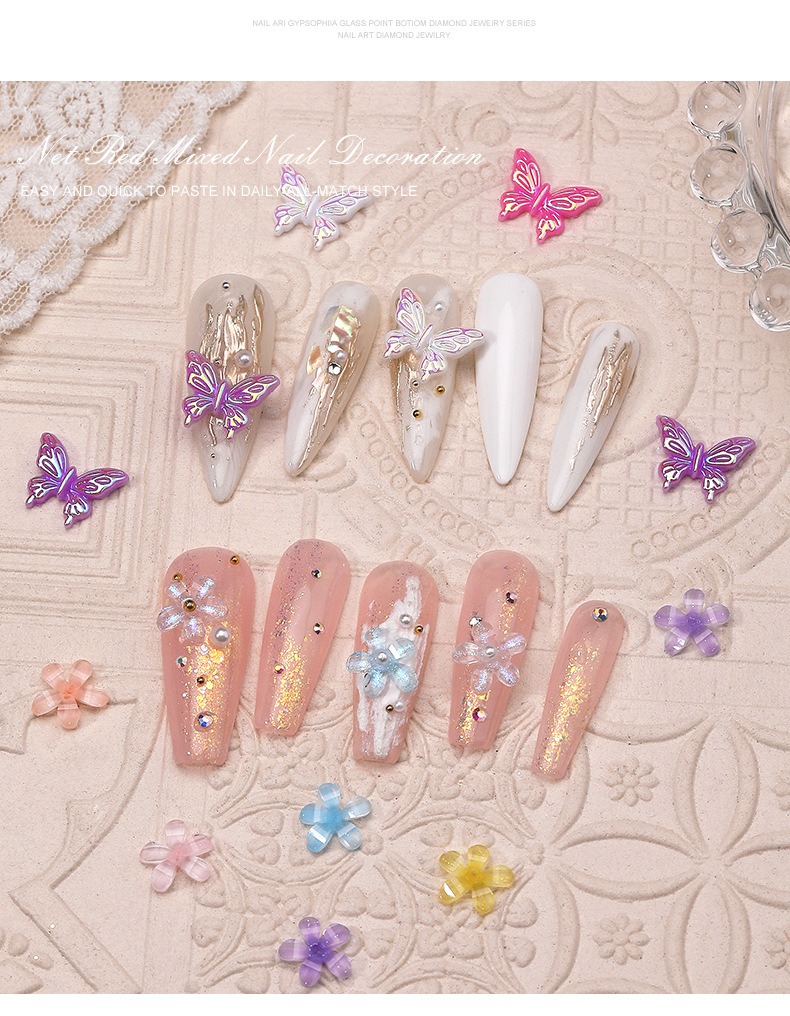 6grid nail sequin resin bow shaped diamond diy set long box nail accessories