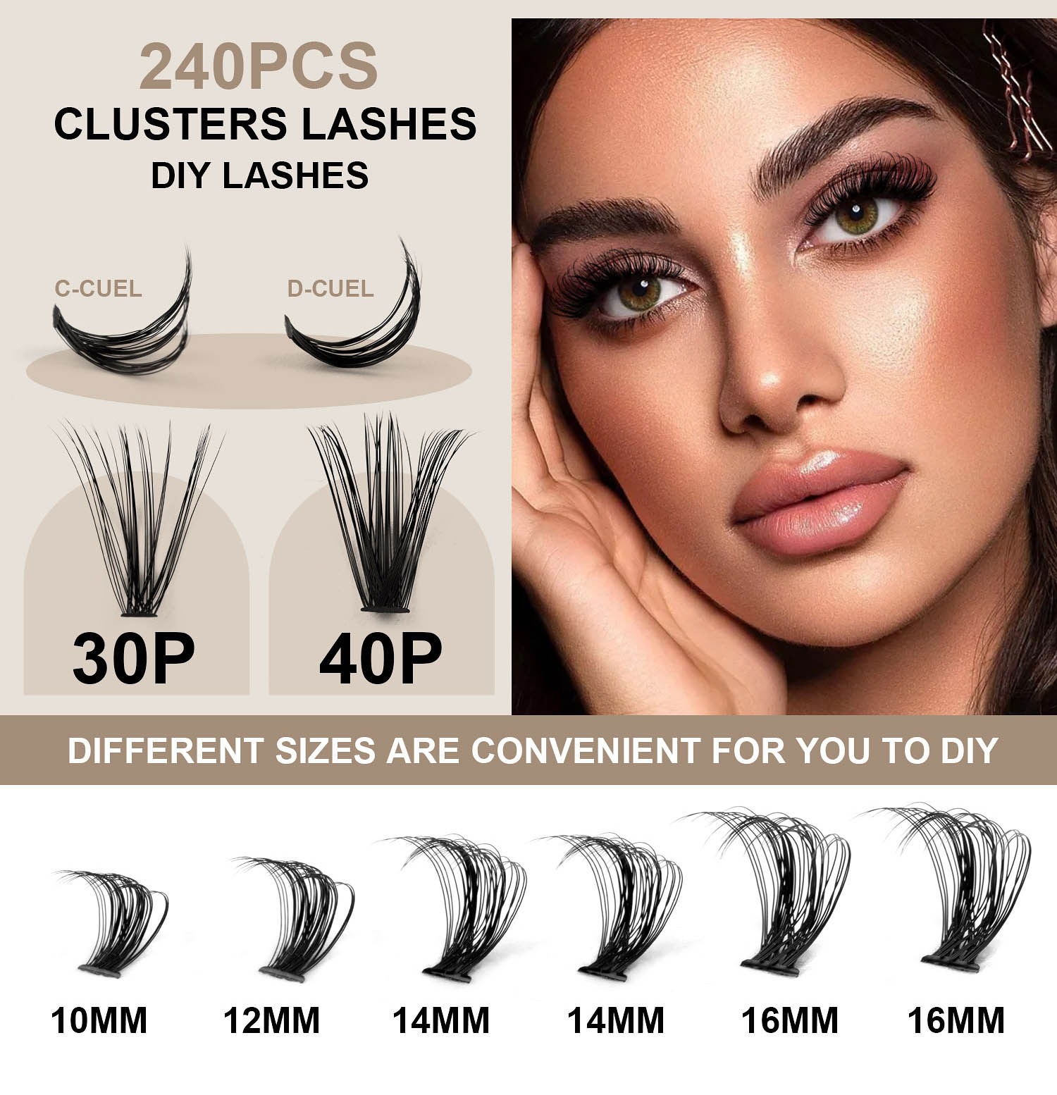 single cluster false eyelashes 240 clusters large capacity 8-16mm with adhesive tweezers