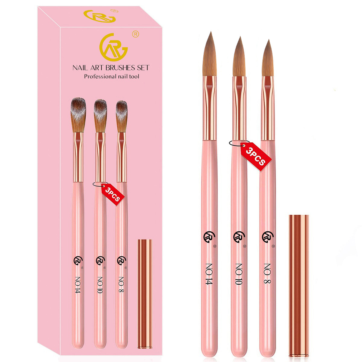 3 pink wooden stem nail crystal pen set nail brush set