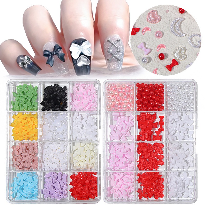 12 grid nail resin bow strap camellia bear multi color mixed nail pearl size set