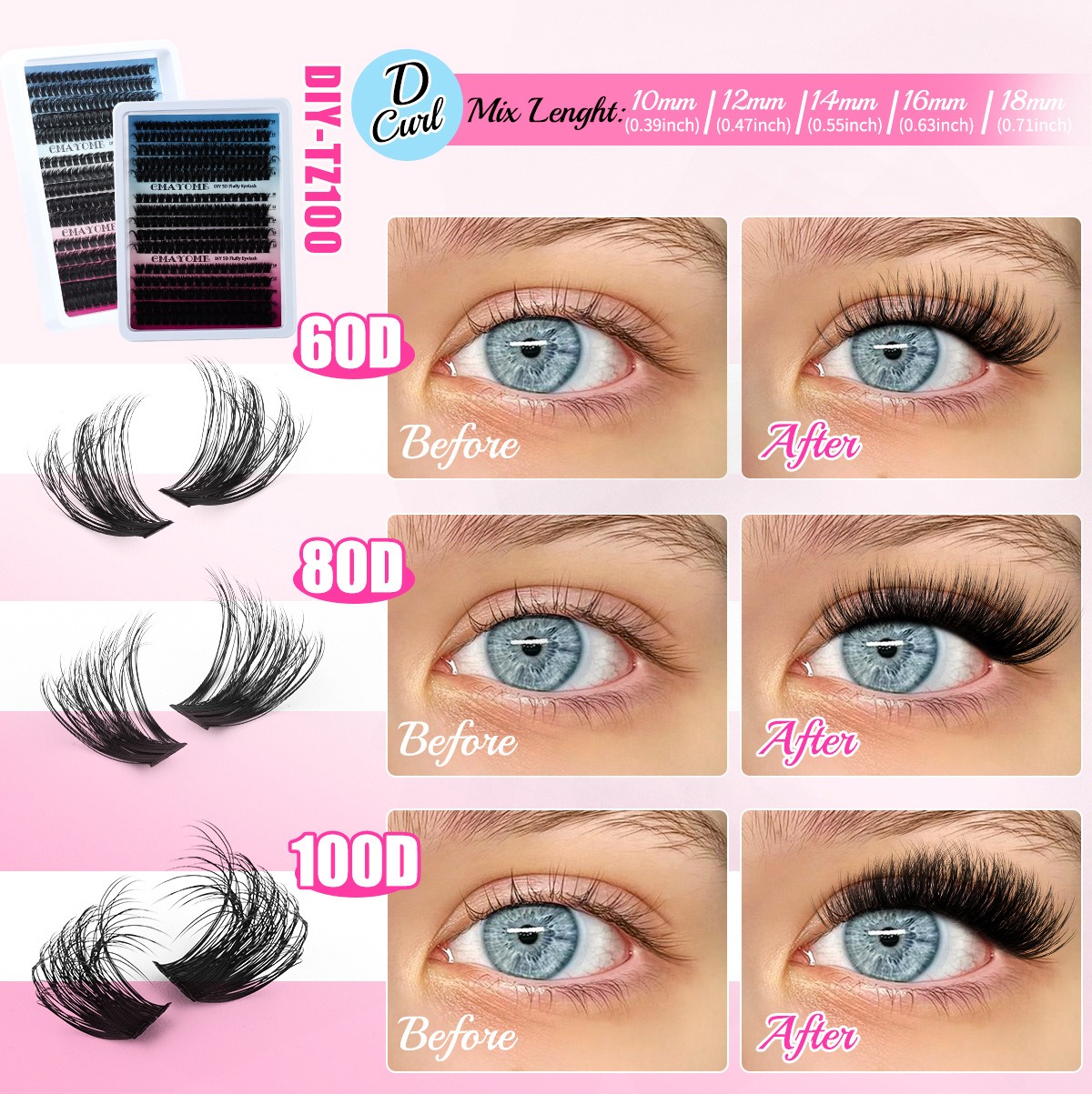 false eyelash 300 clusters large capacity d curly hair mixed pack thick curly messy explosive