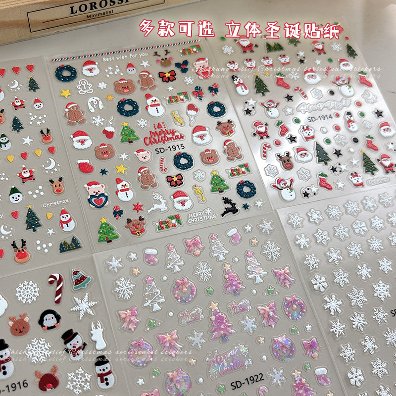 christmas nail stickers white snowflake relief 3d christmas tree santa claus wearing nail stickers