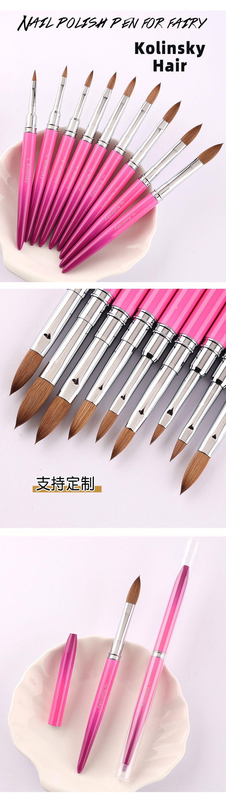 40% mink hair nail art crystal brush pink metal rod carving brush