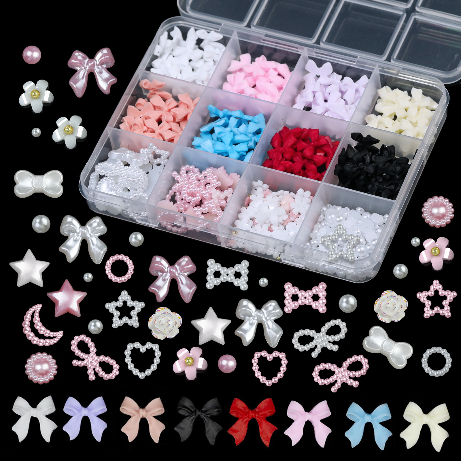 ribbon butterfly nail accessories set box, pearl moon love resin diy nail accessories