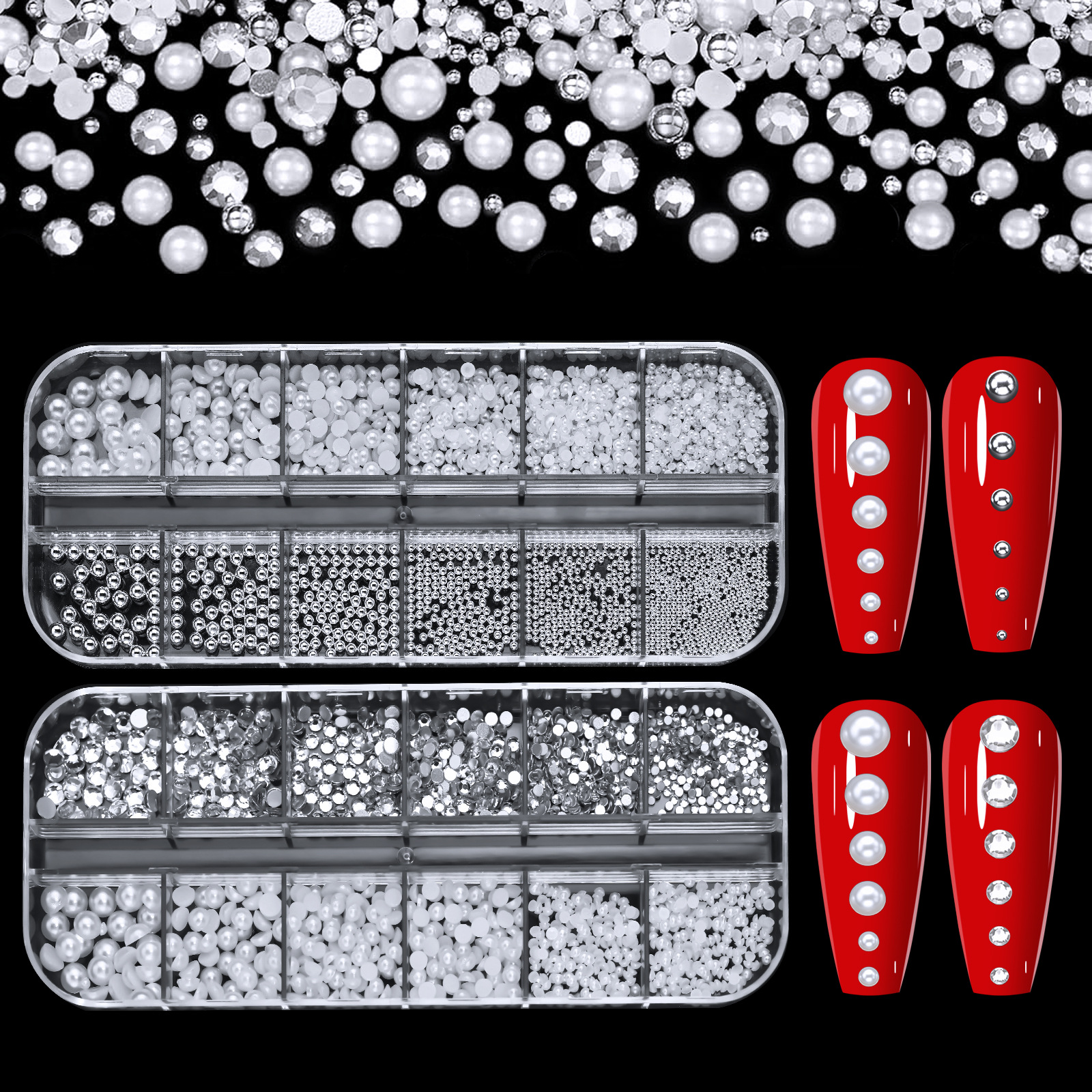 nail accessories box set 12 grid 6-grid mixed high brightness pearl half round nail pearl